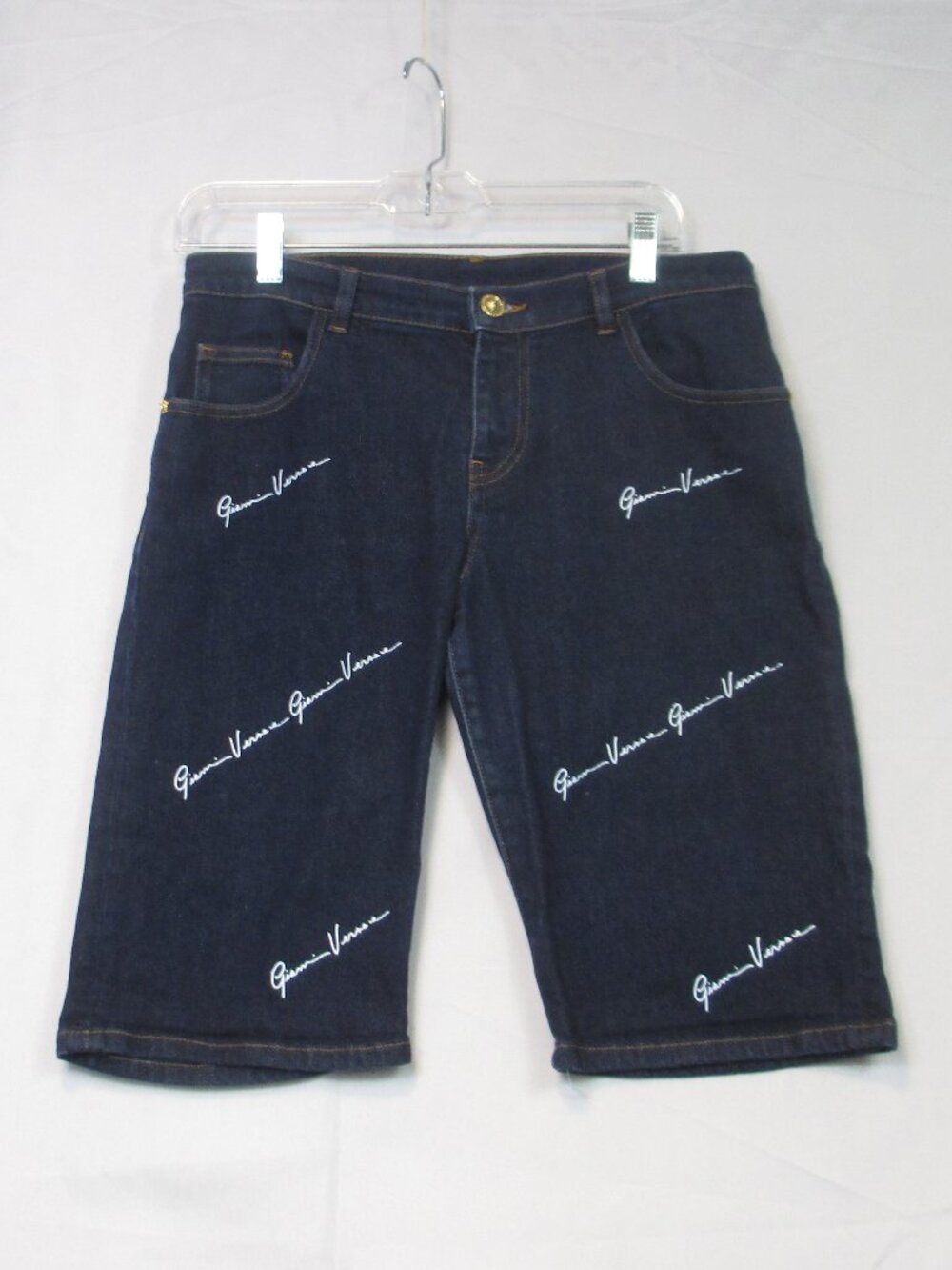 Versace Kids Sz 14A Signature Script Printed Dark Blue Denim Shorts Gold Medusa